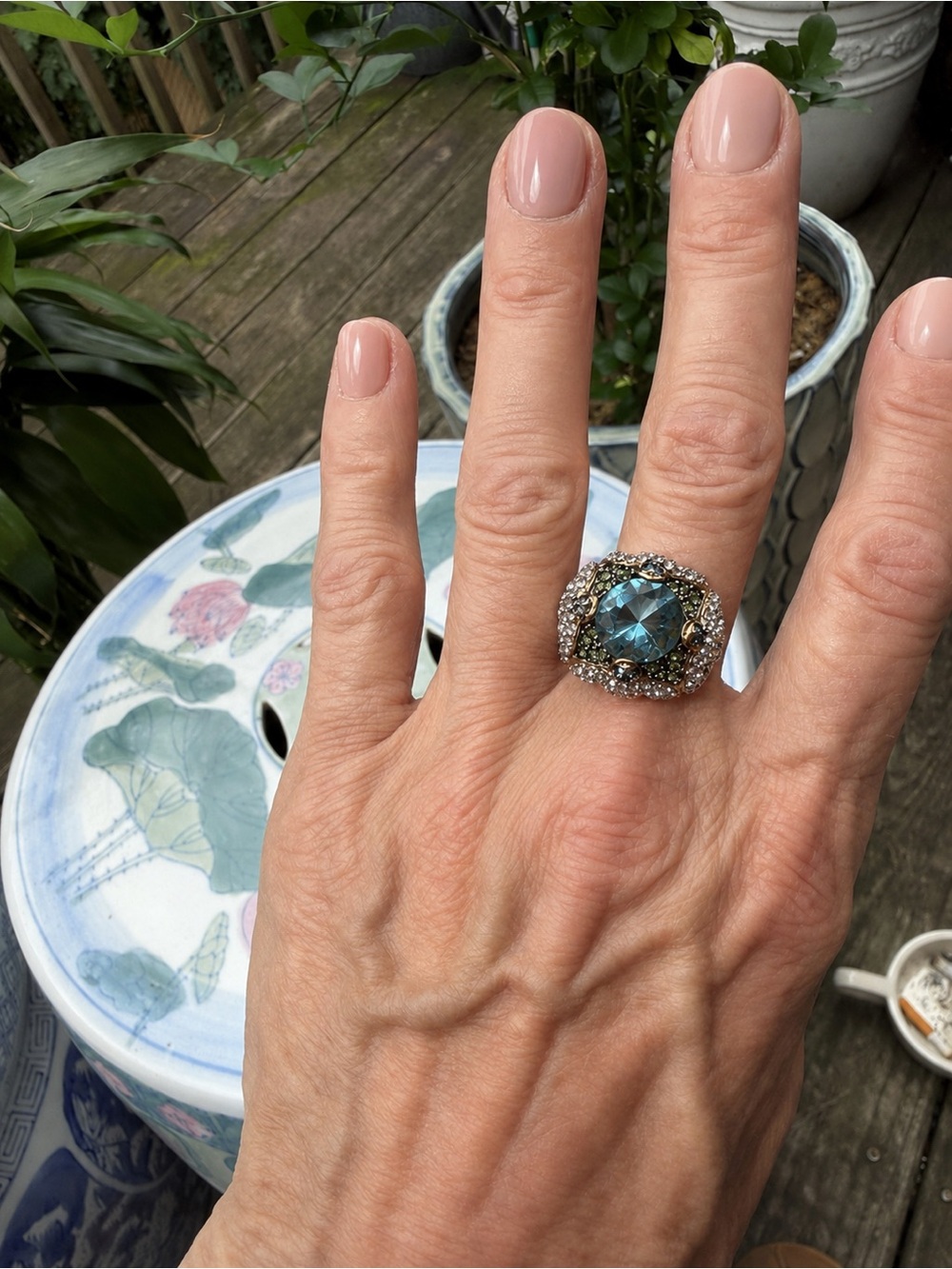 Exotic Blue-Green Crystal Cocktail Ring - Ornate Floral Design *Size 5 & 7